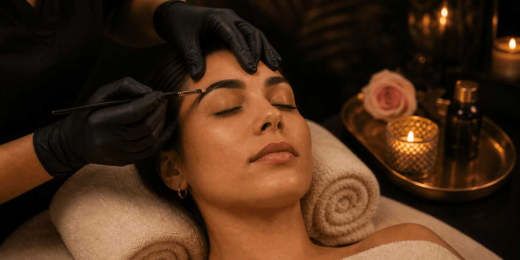 Mujer recibiendo tintado de cejas con cuidado profesional
