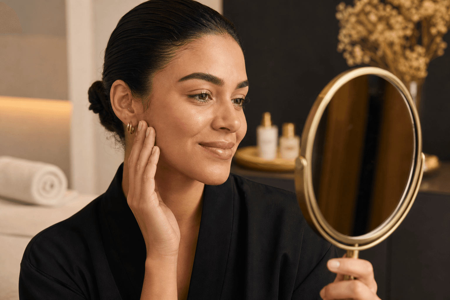 Mujer admirando el resultado natural de sus cejas frente a un espejo