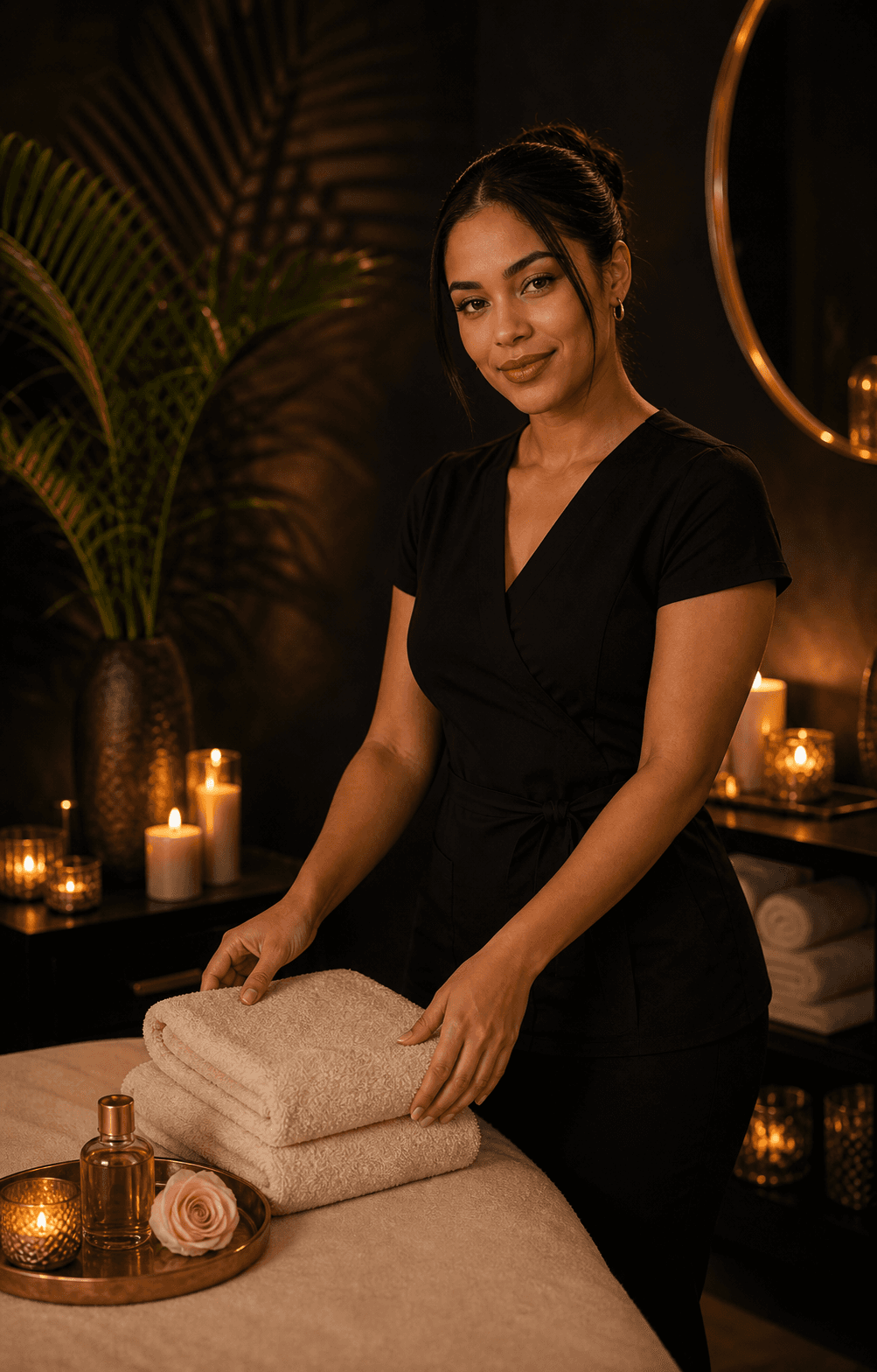 Mujer dominicana adulta en uniforme negro preparando toallas en un ambiente spa