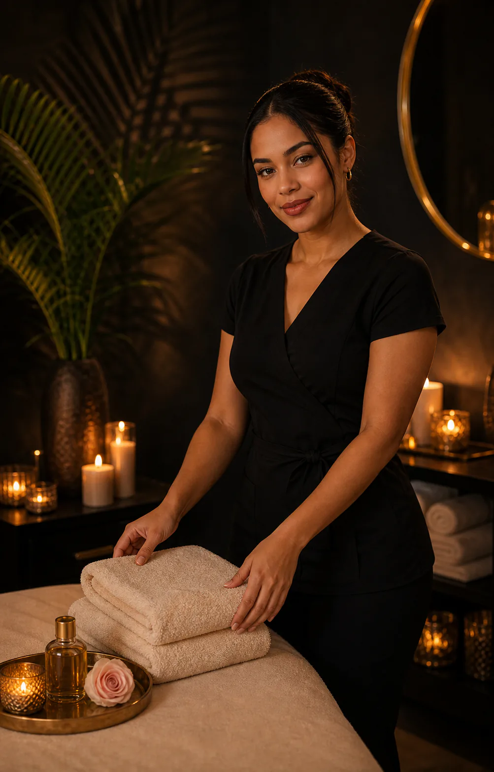 Mujer dominicana adulta en uniforme negro preparando toallas en un ambiente spa