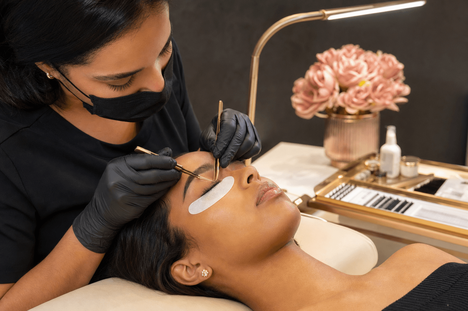 Mujer recibiendo postura de pestañas en estudio boutique